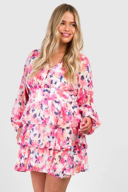 Womens Plus Printed Chiffon Ruffle Skater Dress - Pink - 28, Pink
