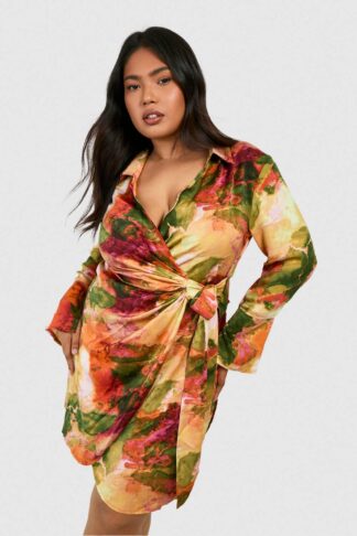 Womens Plus Printed Wrapped Dress - Orange - 20, Orange