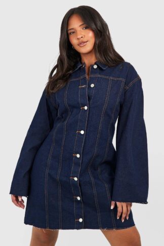 Womens Plus Raw Hem Denim Shirt Dress - Blue - 18, Blue