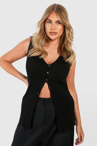 Womens Plus Rib Knitted Longline Top - Black - 22, Black