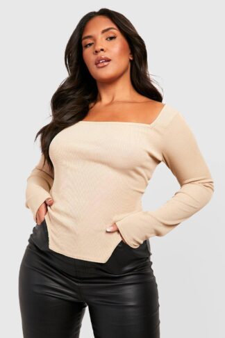 Womens Plus Rib Long Sleeve Corset Top - Beige - 16, Beige