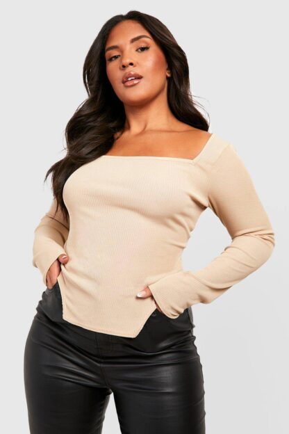 Womens Plus Rib Long Sleeve Corset Top - Beige - 16, Beige