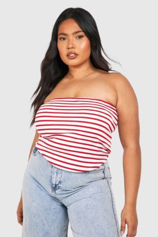 Womens Plus Rib Longline Stripe Bandeau Top - Red - 28, Red