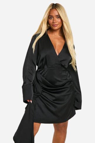 Womens Plus Satin Drape Wrap Dress - Black - 28, Black