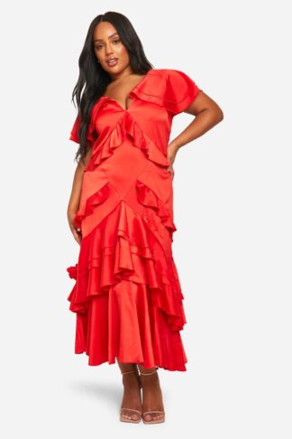 Womens Plus Satin Ruffle Maxi Dress - Red - 16, Red