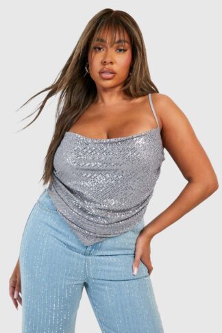 Womens Plus Sequin Cowl Neck Dipped Hem Top - Grey - 20, Grey