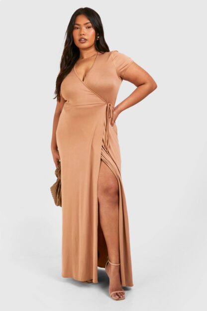 Womens Plus Super Soft Wrap Front Maxi Dress - Beige - 28, Beige