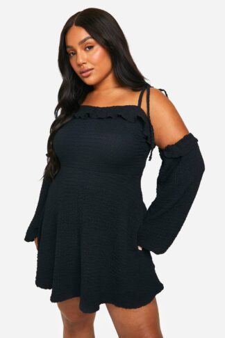 Womens Plus Textured Ruffle Skater Dress - Black - 22, Black