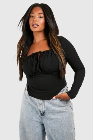 Womens Plus Tie Front Long Sleeve Corset Top - Black - 26, Black