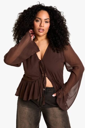 Womens Plus Tie Front Ruffle Blouse - Brown - 28, Brown