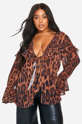 Womens Plus Tie Front Ruffle Leopard Blouse - Brown - 18, Brown