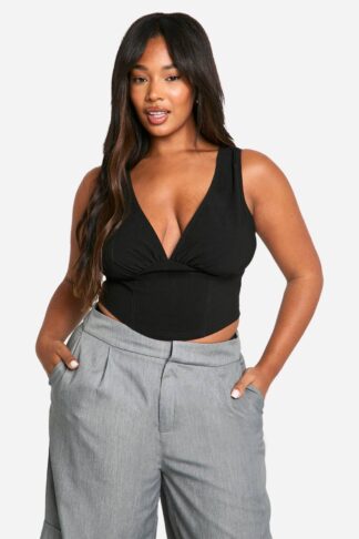 Womens Plus Woven Stretch Plunge Corset Top - Black - 28, Black