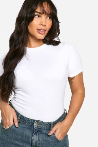 Womens Boohoo Basics Plus Cotton Crew Neck Fitted T-Shirt - White - 20, White