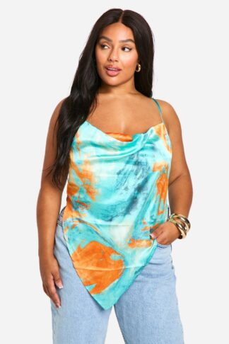 Womens Plus Abstract Satin Cowl Dipped Hem Cami Top - Blue - 22, Blue