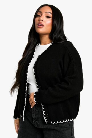 Womens Plus Blanket Stitch Knitted Crop Cardigan - Black - 22, Black