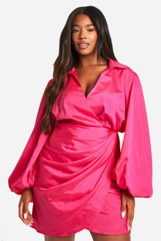 Womens Plus Blouson Sleeve Wrap Dress - Pink - 24, Pink