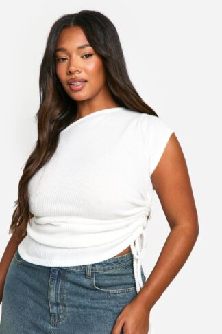 Womens Plus Brushed Rib Asymmetric Ruched Side Top - White - 26, White