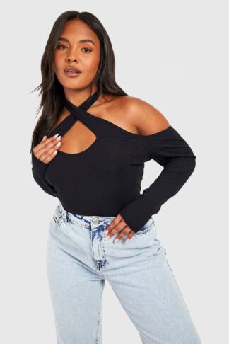 Womens Plus Cross Over Cold Shoulder Rib Top - Black - 20, Black