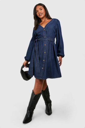 Womens Plus Denim Belted Skater Dress - Blue - 16, Blue