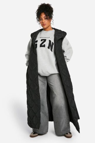 Womens Plus Diamond Puffer Belted Maxi Gilet - Black - 22, Black