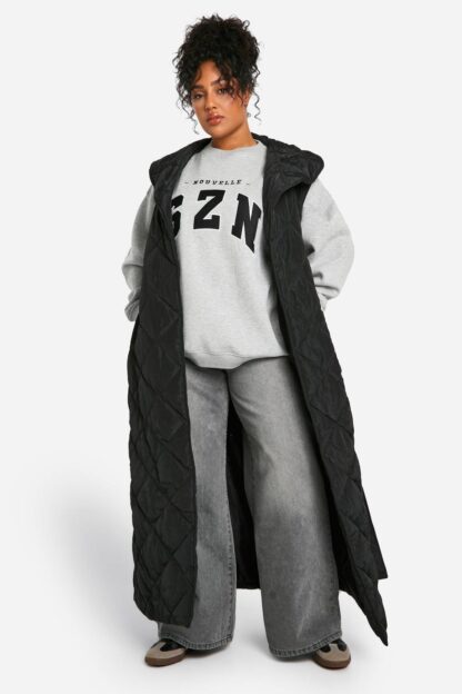 Womens Plus Diamond Puffer Belted Maxi Gilet - Black - 22, Black