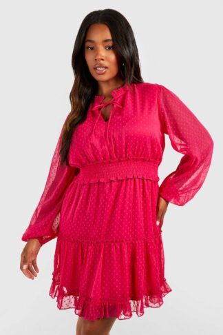 Womens Plus Dobby Mesh Tie Detail Skater Dress - Pink - 28, Pink