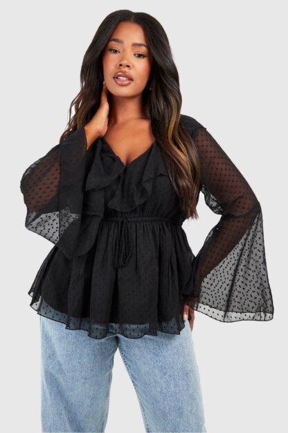 Womens Plus Dobby Ruffle Flared Sleeve Blouse - Black - 22, Black