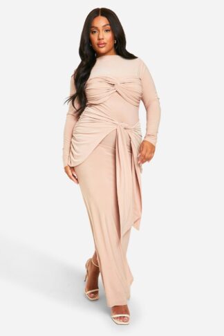 Womens Plus Double Slinky Ruched Tie Maxi Dress - Brown - 28, Brown