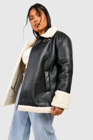 Womens Plus Faux Fur Longline Aviator Jacket - Black - 20, Black