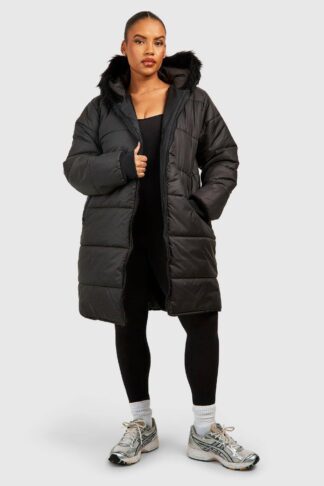 Womens Plus Faux Fur Trim Parka - Black - 28, Black