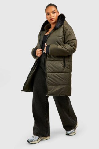 Womens Plus Faux Fur Trim Parka - Green - 22, Green