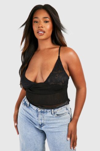 Womens Plus Lace Frill Hem Cami Top - Black - 18, Black