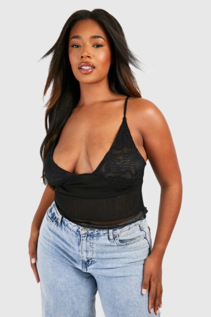 Womens Plus Lace Frill Hem Cami Top - Black - 18, Black