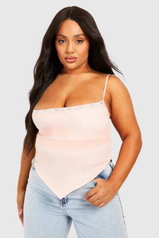 Womens Plus Lace Insert Asymmetric Hem Cami Top - Pink - 28, Pink