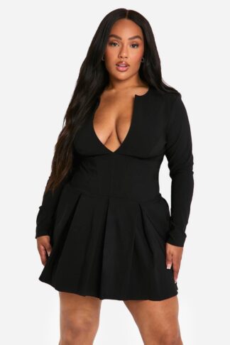 Womens Plus Long Sleeve Corset Detail Plunge Pleated Hem Dress - Black - 16, Black