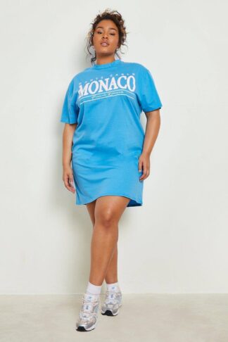 Womens Plus Monte Carlo Monaco Slogan T-Shirt Dress - Blue - 18, Blue