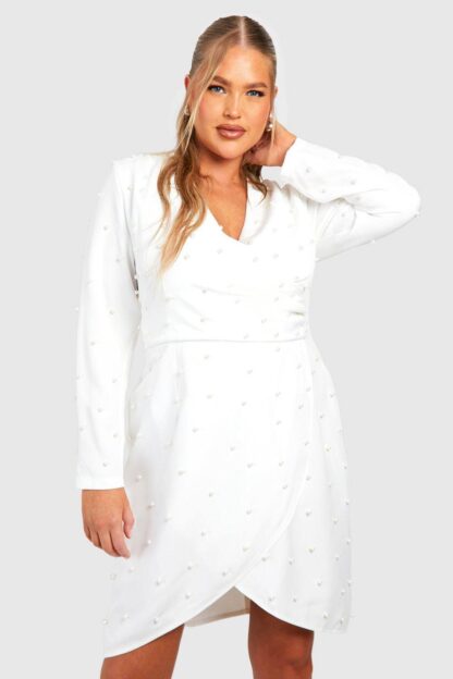 Womens Plus Pearl Detail Wrap Dress - White - 18, White