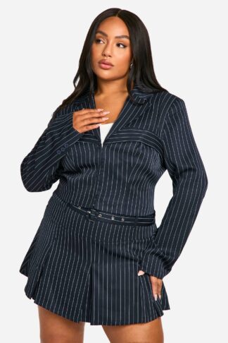 Womens Plus Pinstripe Corset Detail Cropped Blazer - Navy - 16, Navy