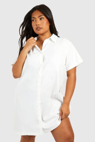 Womens Plus Poplin Short Sleeve Oversized Shirt Dress - White - 24, White