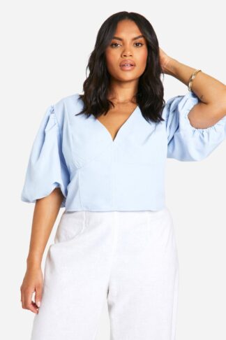 Womens Plus Puff Sleeve Corset Top - Blue - 26, Blue