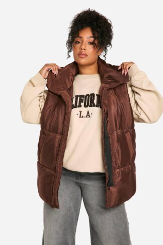 Womens Plus Puffer Sleeveless Longline Gilet - Brown - 22, Brown