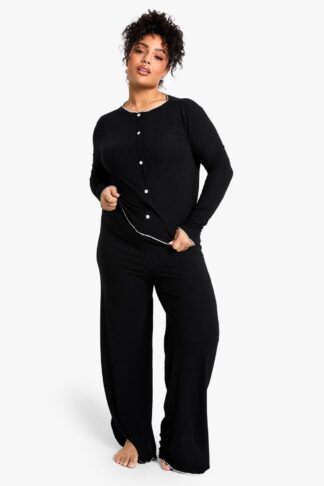 Womens Plus Rib Contrast Button Rib Top & Trouser PJ Set