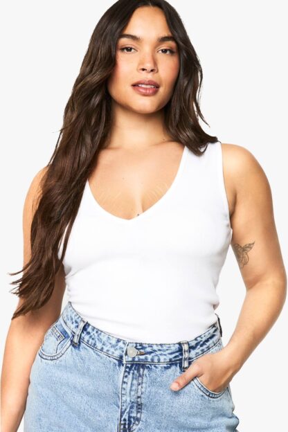 Womens Plus Rib V Neck Vest Top - White - 28, White