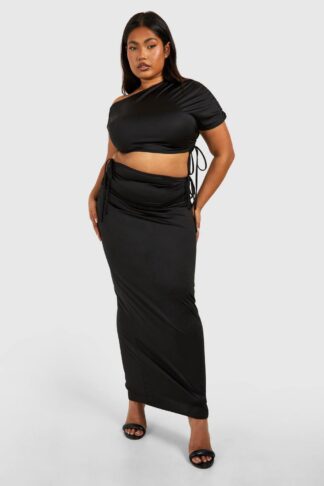Womens Plus Ruched Drape Shoulder Crop Top And Maxi Skirt - Black - 28, Black