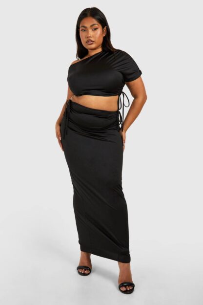 Womens Plus Ruched Drape Shoulder Crop Top And Maxi Skirt - Black - 28, Black