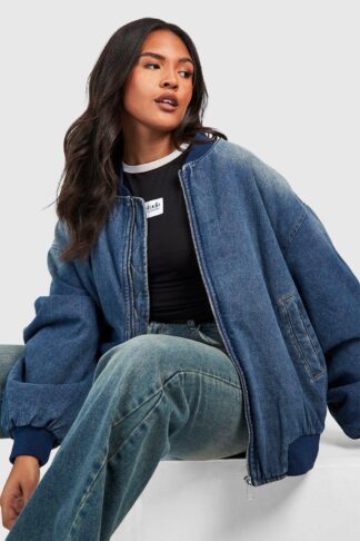 Womens Plus Ruched Sleeve Oversized Denim Bomber Jacket - Blue - 22, Blue