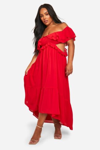 Womens Plus Ruffle Cold Shoulder Maxi Dress - Red - 16, Red