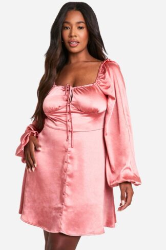 Womens Plus Satin Balloon Sleeve Milkmaid Mini Skater Dress - Pink - 22, Pink