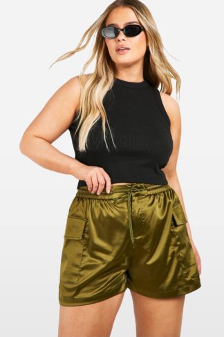 Womens Plus Satin Cargo Utility Shorts - Green - 16, Green