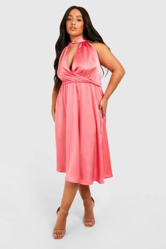 Womens Plus Satin Halter Neck Skater Dress - Pink - 22, Pink